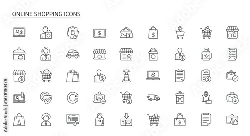 Online shopping elements displayed as thin line art representing ecommerce and retail services with a modern, minimalist aesthetic.