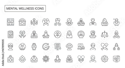 Collection of mental wellness line art symbols showing various aspects of psychological health and emotional balance on a clean white backdrop.