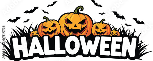 Halloween pumpkins and bats illustration for cards and social media posts