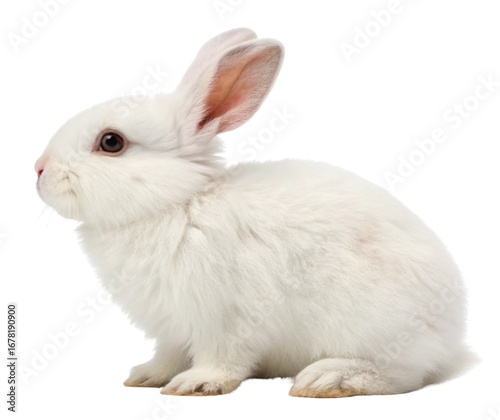 A small fluffy white pet rabbit isolated on a plain background