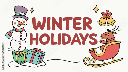 Cheerful Winter Holidays Illustration: Snowman, Reindeer Sleigh, Presents, and Jingle Bells; Cute Cartoon Style; Festive and Joyful Mood.