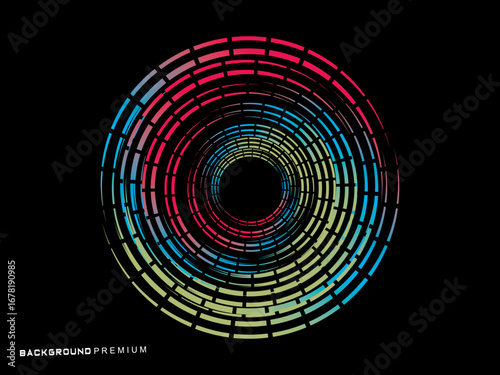 Vector background of rotating elliptical 3D shapes, consisting of a pattern of squares and wavy lines with colorful gradations.	