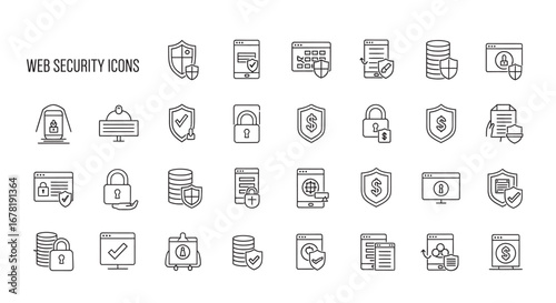 Outline web security elements depicting data protection and online safety with a clean, minimalist style for a modern, secure feel.