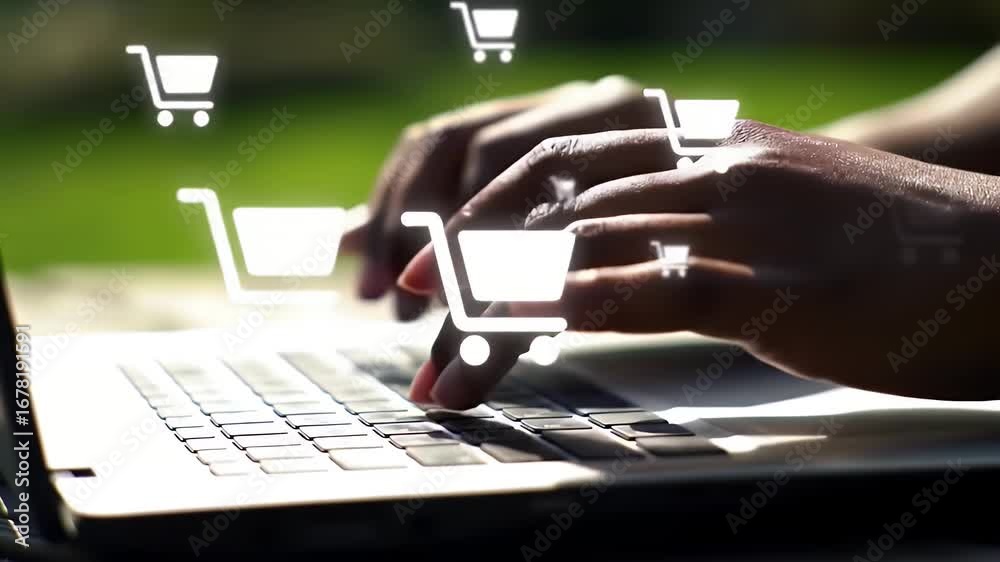 Hands Typing on Laptop with Shopping Cart Icons Outdoors