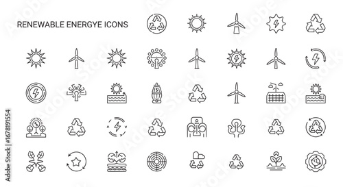 Renewable energy symbols representing sustainability and ecofriendly practices displayed as a collection of line art on a clean white surface, conveying a sense of environmental awareness.
