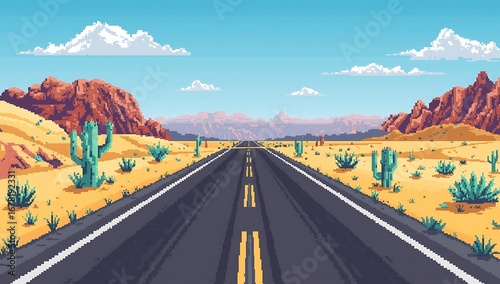 Vast Pixel Art Desert Landscape with Long Straight Road and Clouds