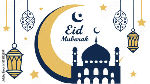 Eid Mubarak Celebration:  Elegant Gold and Navy Blue Mosque Silhouette with Crescent Moon, Stars, and Hanging Lanterns; Festive Islamic Design.