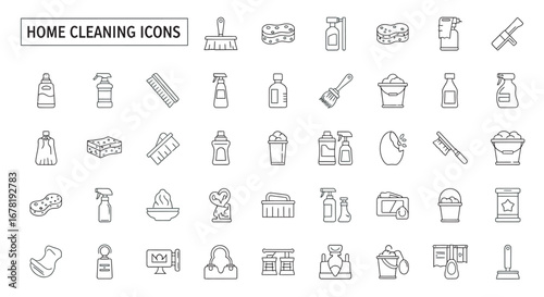 Home cleaning supplies arranged neatly on white surface representing cleanliness and organization in minimalist style.
