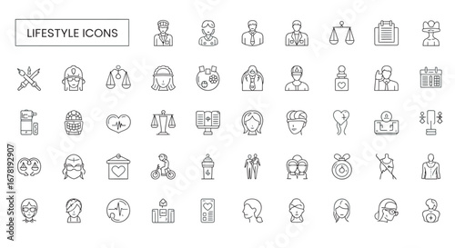 Collection of lifestyle elements displayed as line art showing various activities and interests in a minimalist style.