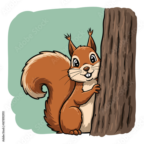 Playful squirrel peeks from behind a tree, radiating woodland charm and cartoon warmth.