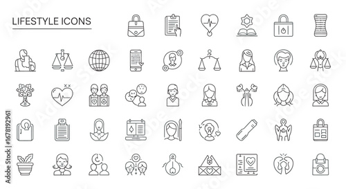 Collection of lifestyle line art symbols representing various aspects of modern living and wellbeing on a white surface, conveying simplicity and minimalism.
