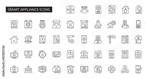 Smart appliance line art showing various household devices and automation systems for modern living, conveying convenience and technological advancement.