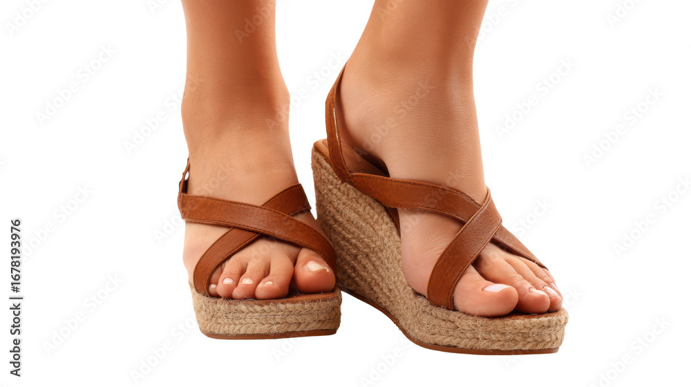 Naklejka premium Stylish brown wedge sandals on a white isolated background.