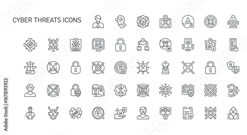 Cyber security threats depicted through line art symbols representing various forms of online attacks and vulnerabilities in a digital age, conveying danger.