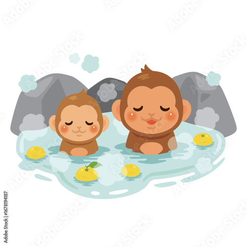 温泉に浸かったサルのイラスト　柚子風呂