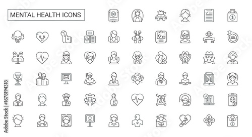 Collection of mental health symbols representing various psychological concepts and emotional states in a minimalist style, promoting wellness and understanding.