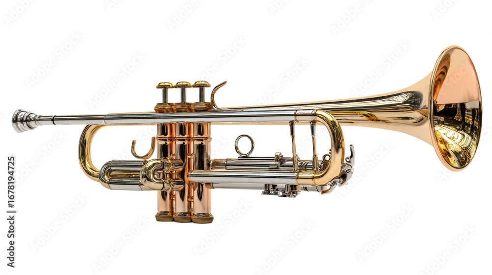 Fototapeta premium Trumpet isolated on white background showcasing its shiny brass finish and intricate valves.