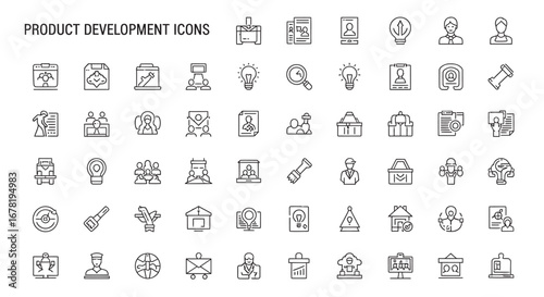 Thin line product development symbols representing various stages of the process on a clean white surface, conveying innovation and progress.