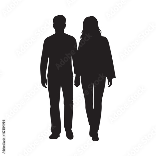 Silhouette of a man and woman walking together, side-by-side, viewed from the front, in a simple, graphic style.