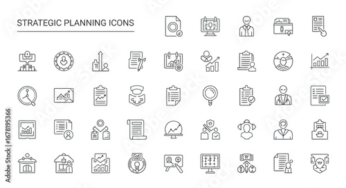 Collection of strategic planning elements representing business strategy and management in a modern, minimalist style, conveying professionalism and efficiency.