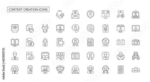 Content creation elements depicting various online activities and tools in a minimalist style, conveying a sense of digital workflow and connectivity.