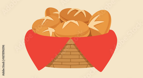 A basket brimming with bread loaves wrapped in a red cloth on a cream backdrop