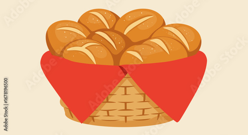 A basket with a red cloth holds several rolls each scored with a slash