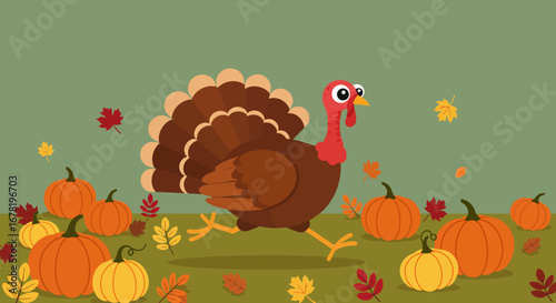 A cartoon turkey runs across a pumpkin patch with falling leaves against a pale green background