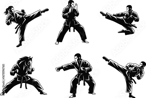 Martial arts fighter silhouette set, karate poses, kickboxing moves, self-defense stance, flat vector illustration, combat sports, isolated design