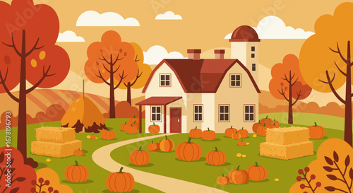 A cozy autumn scene with pumpkins farm hay bales and a rural seasonal feel