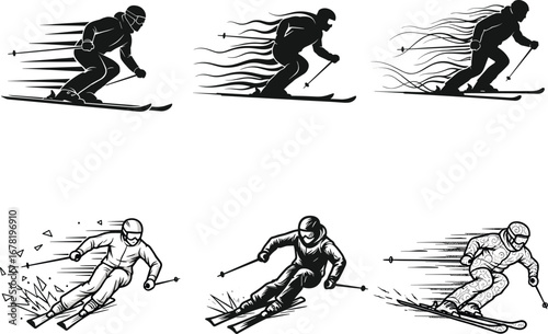 Skiing man silhouette, winter sports action, downhill skier racing, snow adventure graphic, alpine ski speed athlete design, flat vector illustration