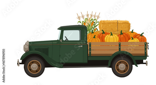 A green vintage pickup truck filled with pumpkins corn and hay bales