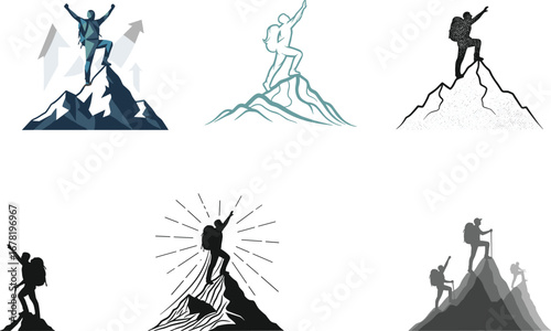 Successful mountain climber reaching peak, hiking adventure, summit achievement, outdoor exploration, nature challenge, endurance, motivation, teamwork, trekking, victory, flat vector illustration