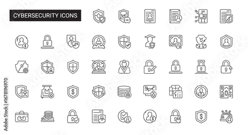 Cybersecurity elements representing data protection and online safety with lock, shield, and user icons on a white backdrop, conveying security and trust.