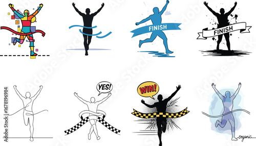 Running finish line, victorious athlete crossing, winner celebration, race completion, marathon finish, sprint victory, sports achievement, runner success, race ending, flat vector illustration