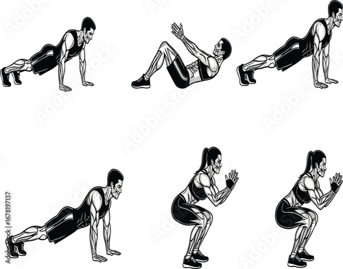 Bodyweight workout poses, fitness exercise movements, home training routine, men and women active lifestyle, strength and core illustration, flat vector illustration