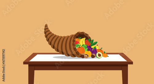 A horn of plenty overflowing with fruits and vegetables resting on a white tabletop against a tan background