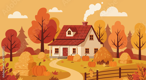 A house with a red roof sits among fall foliage pumpkins  hay bales