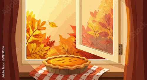 A pumpkin pie sits on a windowsill with a red checkered cloth view through open window to autumn leaves