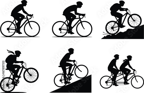 Cyclist silhouette collection, mountain biking, tandem riding, uphill cycling, sports activity, adventure riding, flat vector illustration, black isolated design