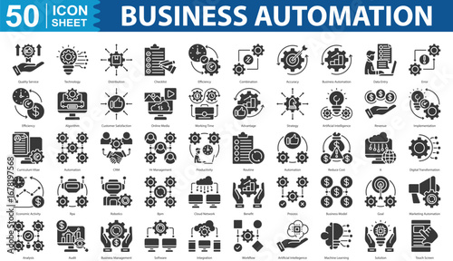 Business Automation Icon Set Collection Concept With Icon Of quality service, technology, distribution, checklist, efficiency, combination, accuracy, business automation, data entry, error, efficiency