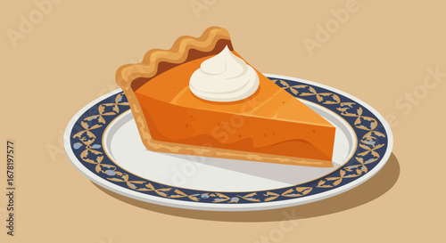 A slice of pumpkin pie sits atop a decorative plate garnished with a dollop of whipped cream set against a beige background