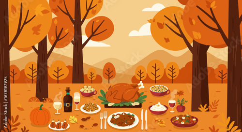 A Thanksgiving feast set amidst an autumnal forest