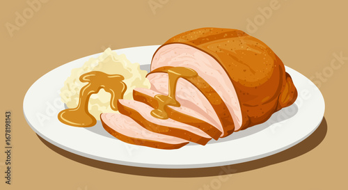 A white plate displays sliced turkey mashed potatoes and gravy against a brown background