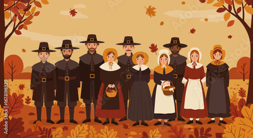 Animated depiction of early pilgrims trees and scattered leaves