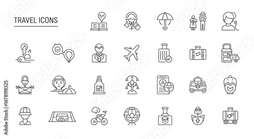 Travel related thin line symbols representing various transportation and tourism activities on white backdrop, conveying minimalist and modern style.