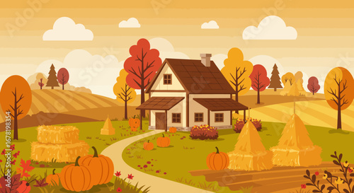 Autumn landscape with house pumpkins hay bales fall trees  fields