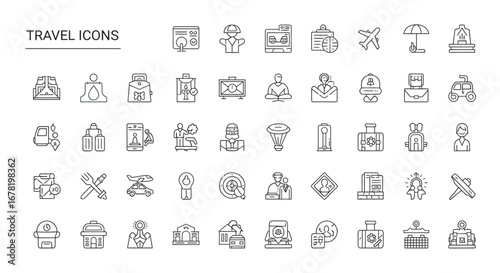 Collection of travel related outline elements arranged on white backdrop representing journey and vacation, suitable for web use.