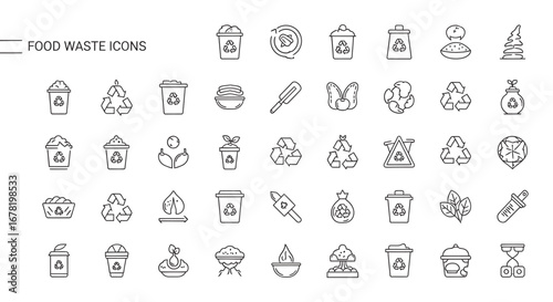 Line art depicting food waste management symbols, including recycling bins and composting, promoting environmental awareness and sustainable practices.