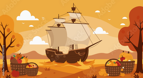 Cartoon Ship sails on orange water fruits in baskets near trees